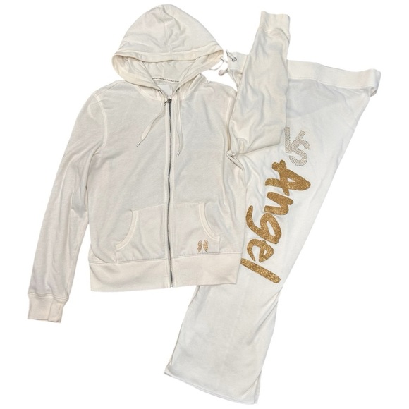 Vintage Y2K Victoria's Secret 2pc Ivory Tracksuit Angel Wings Rhinestones Size L - Picture 1 of 16